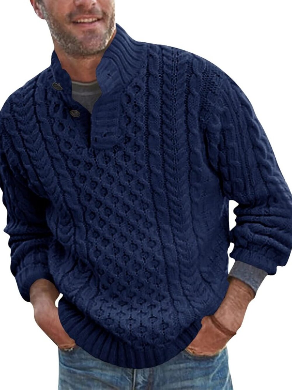 Mens Stand Collar Pullover Sweater Cable Knitted Chunky Sweaters